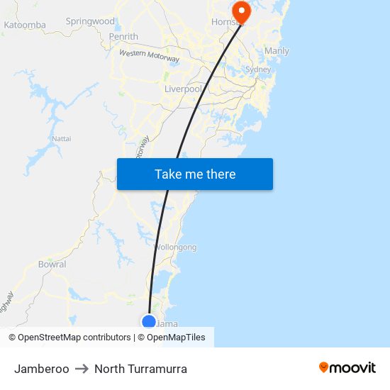 Jamberoo to North Turramurra map