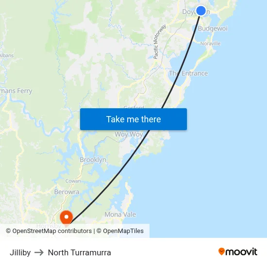 Jilliby to North Turramurra map