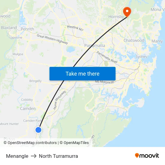 Menangle to North Turramurra map