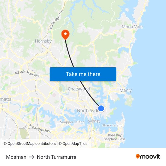 Mosman to North Turramurra map