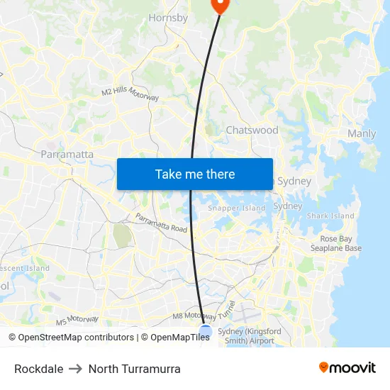 Rockdale to North Turramurra map