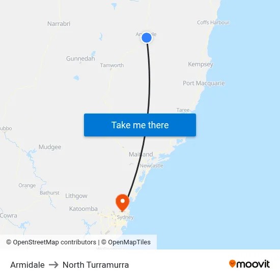 Armidale to North Turramurra map