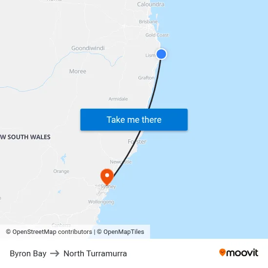 Byron Bay to North Turramurra map