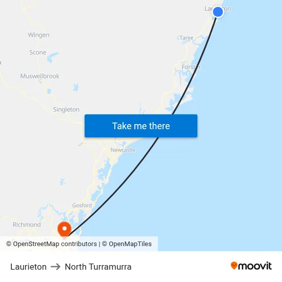 Laurieton to North Turramurra map