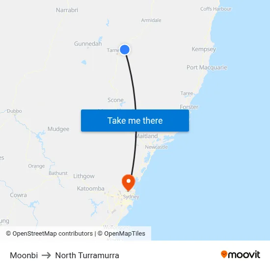 Moonbi to North Turramurra map
