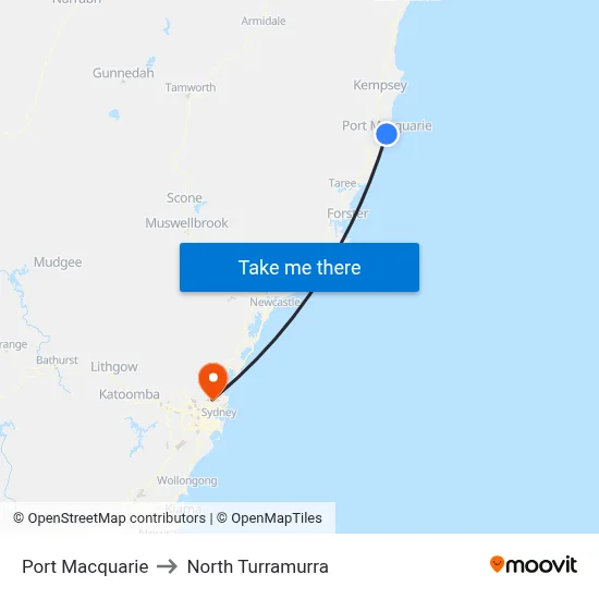 Port Macquarie to North Turramurra map
