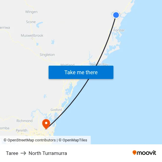Taree to North Turramurra map