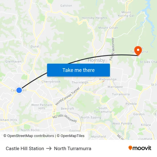 Castle Hill Station to North Turramurra map
