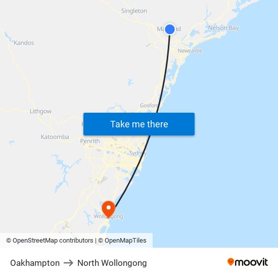 Oakhampton to North Wollongong map