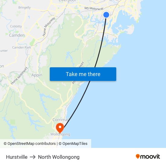 Hurstville to North Wollongong map