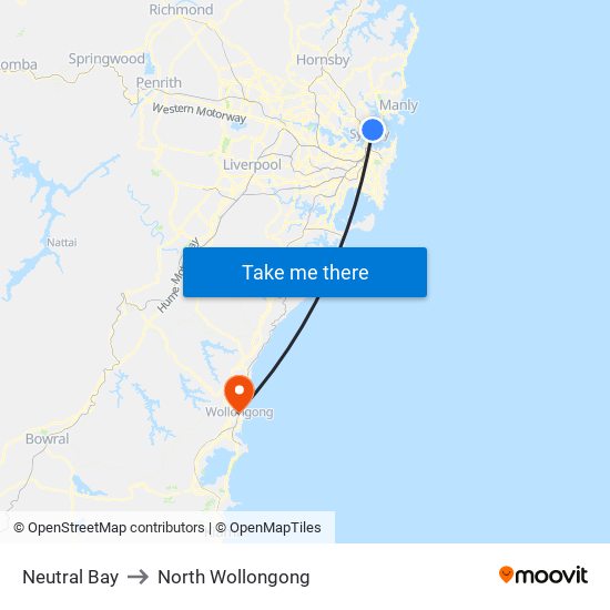 Neutral Bay to North Wollongong map