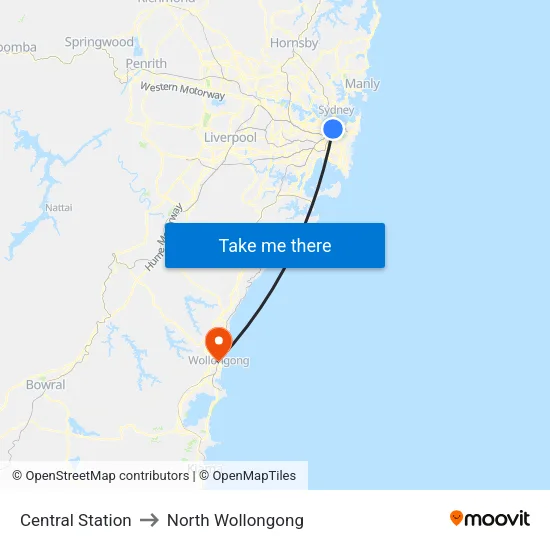 Central Station to North Wollongong map