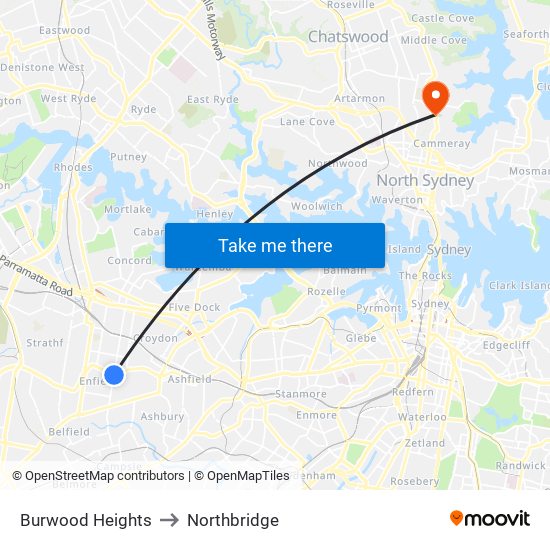 Burwood Heights to Northbridge map