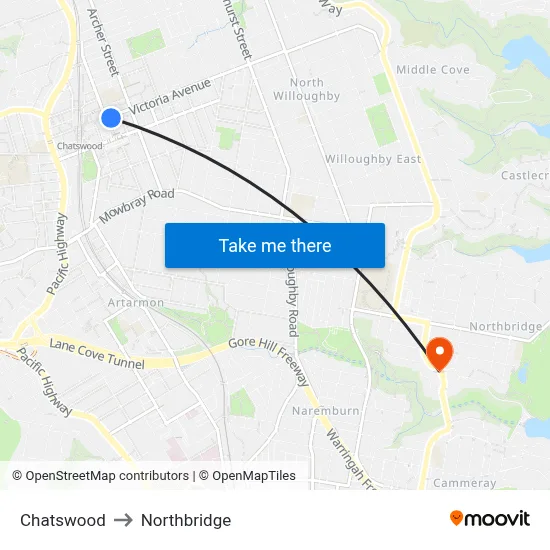 Chatswood to Northbridge map