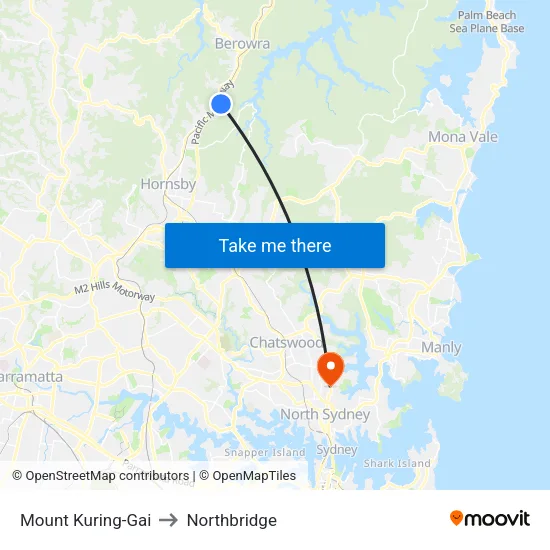 Mount Kuring-Gai to Northbridge map