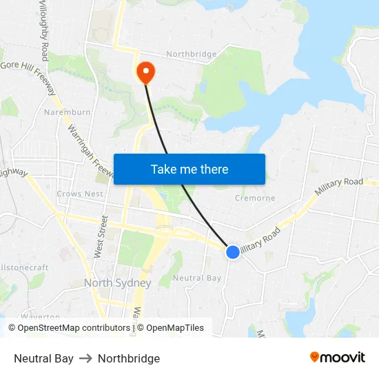 Neutral Bay to Northbridge map