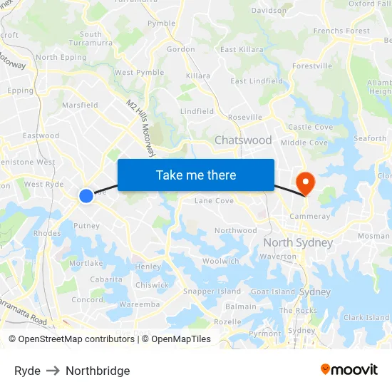 Ryde to Northbridge map