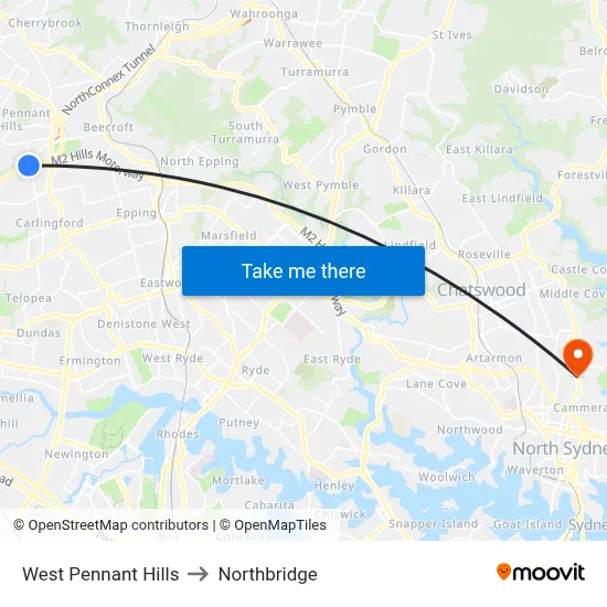 West Pennant Hills to Northbridge map