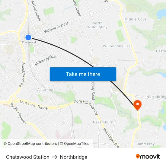 Chatswood Station to Northbridge map