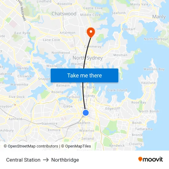 Central Station to Northbridge map