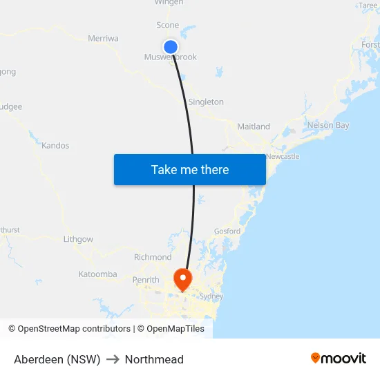 Aberdeen (NSW) to Northmead map