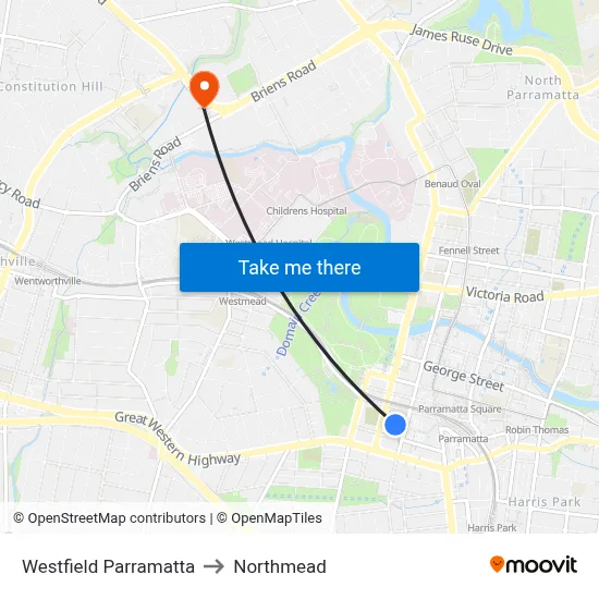 Westfield Parramatta to Northmead map