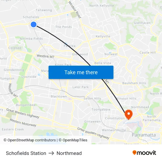 Schofields Station to Northmead map