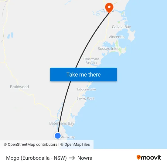 Mogo (Eurobodalla - NSW) to Nowra map