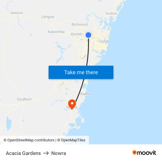 Acacia Gardens to Nowra map