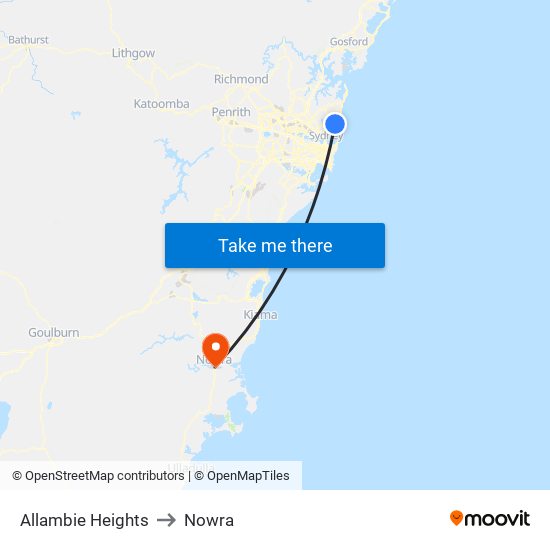 Allambie Heights to Nowra map