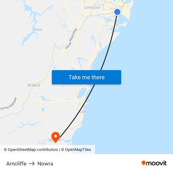 Arncliffe to Nowra map