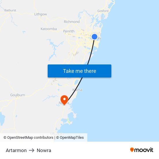 Artarmon to Nowra map