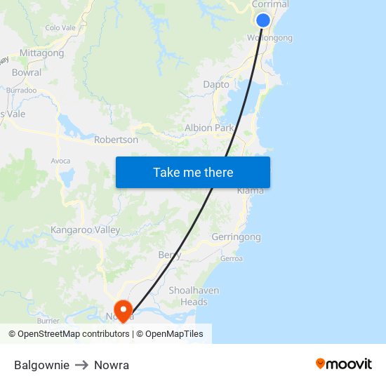 Balgownie to Nowra map