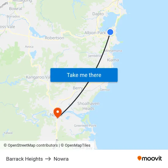 Barrack Heights to Nowra map