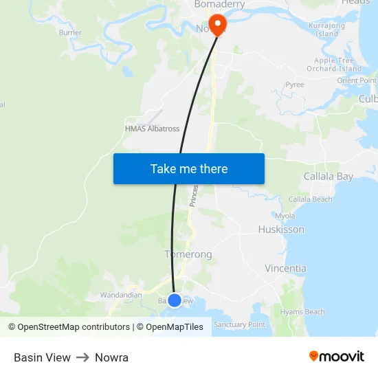 Basin View to Nowra map