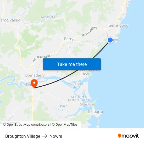Broughton Village to Nowra map