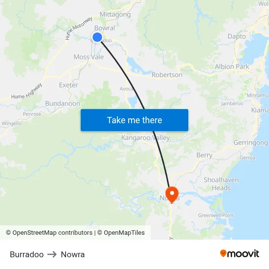 Burradoo to Nowra map