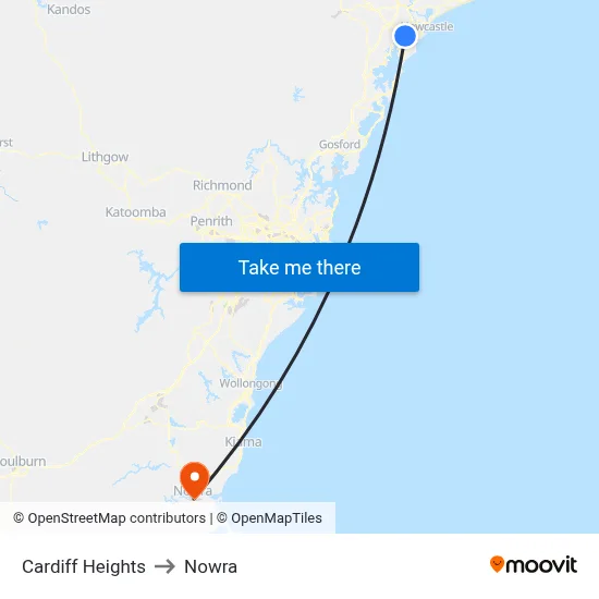Cardiff Heights to Nowra map