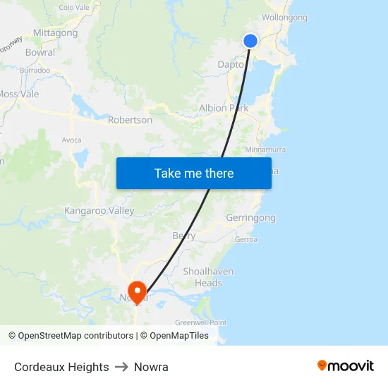 Cordeaux Heights to Nowra map