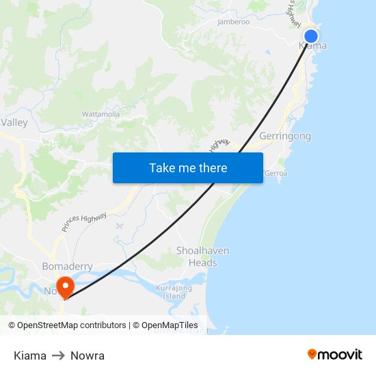 Kiama to Nowra map