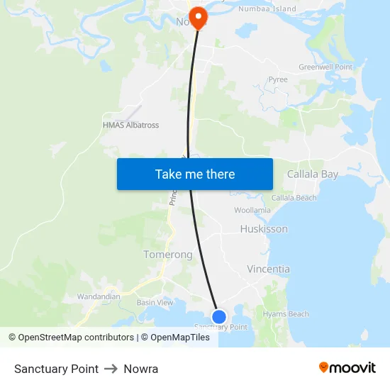 Sanctuary Point to Nowra map