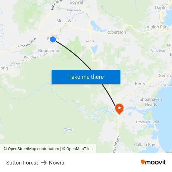 Sutton Forest to Nowra map