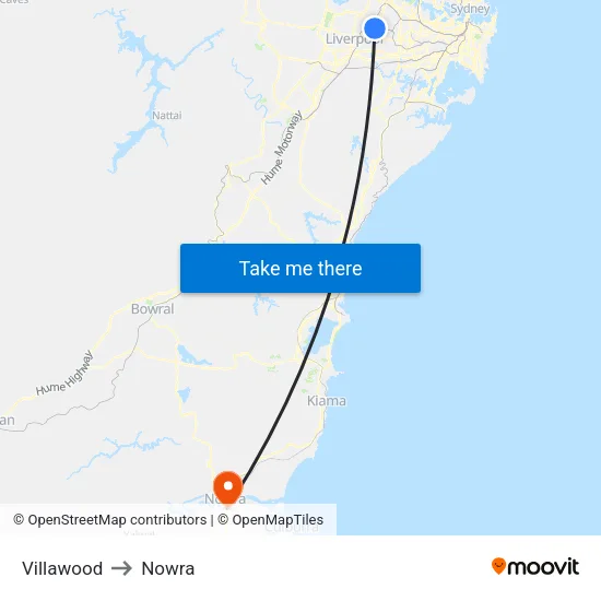 Villawood to Nowra map