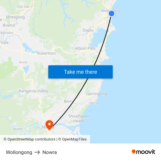 Wollongong to Nowra map