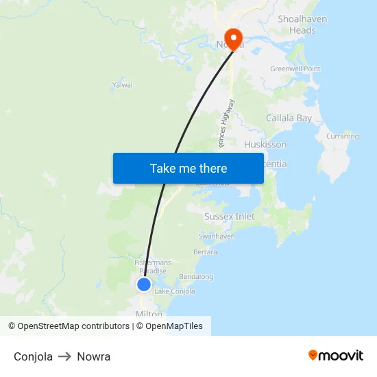 Conjola to Nowra map