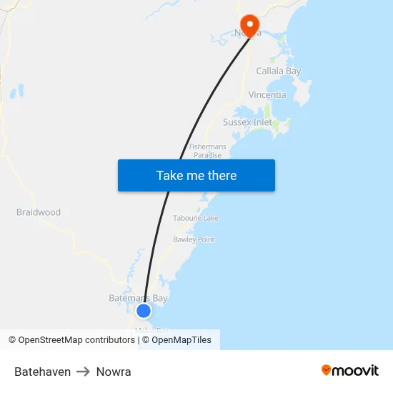 Batehaven to Nowra map