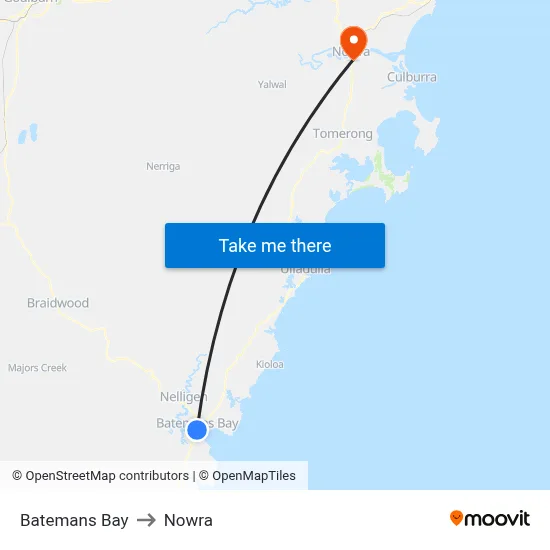 Batemans Bay to Nowra map