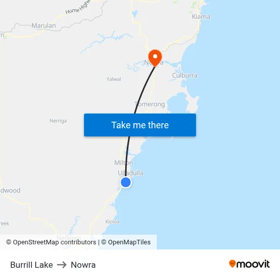 Burrill Lake to Nowra map