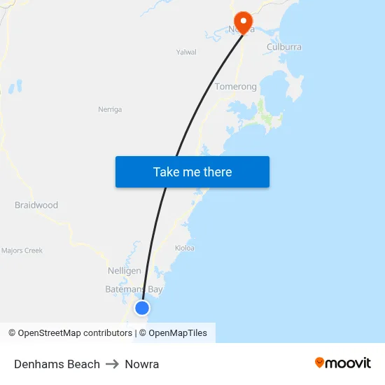 Denhams Beach to Nowra map