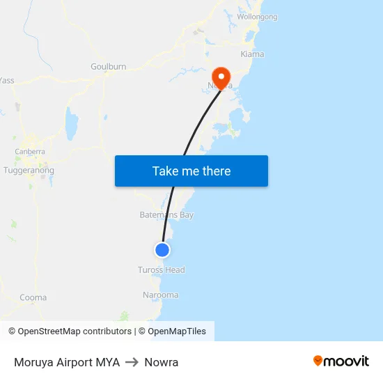 Moruya Airport MYA to Nowra map